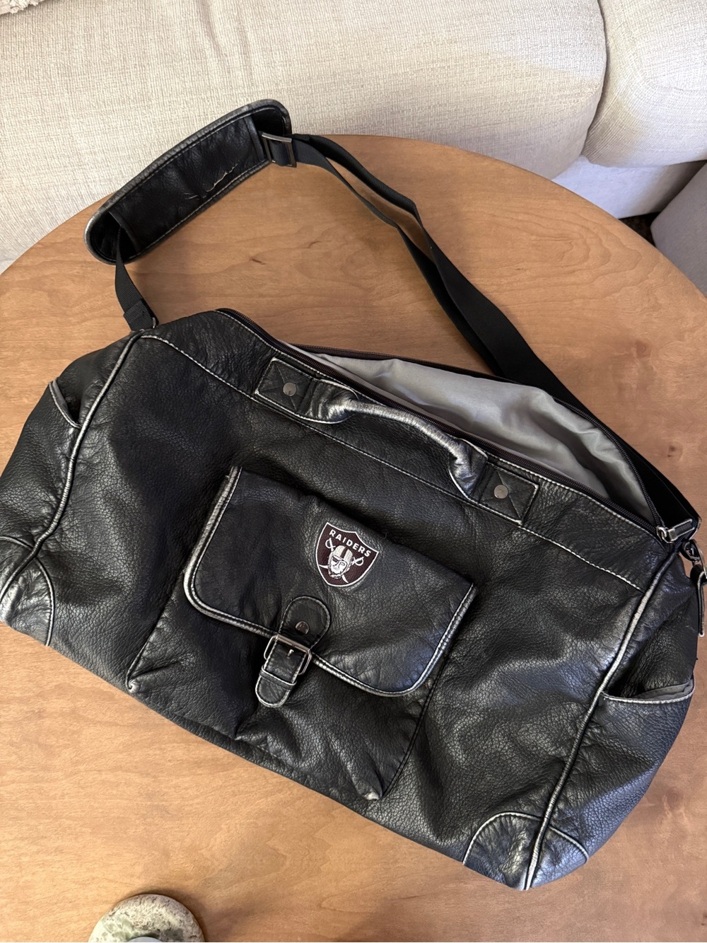 Black Leather-Style NFL Raiders Duffle Bag